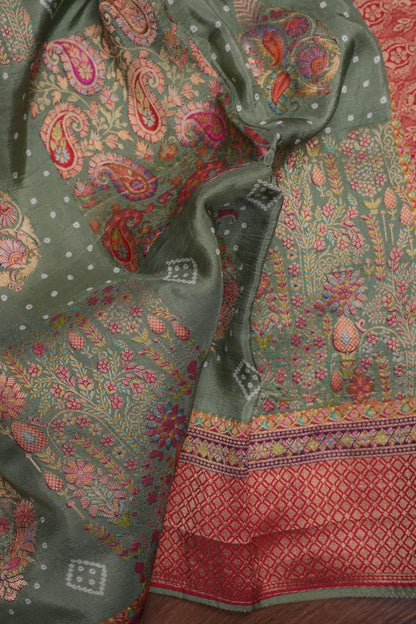 Kashmiri Pashmina Story Telling Banarasi Saree - Sage Green