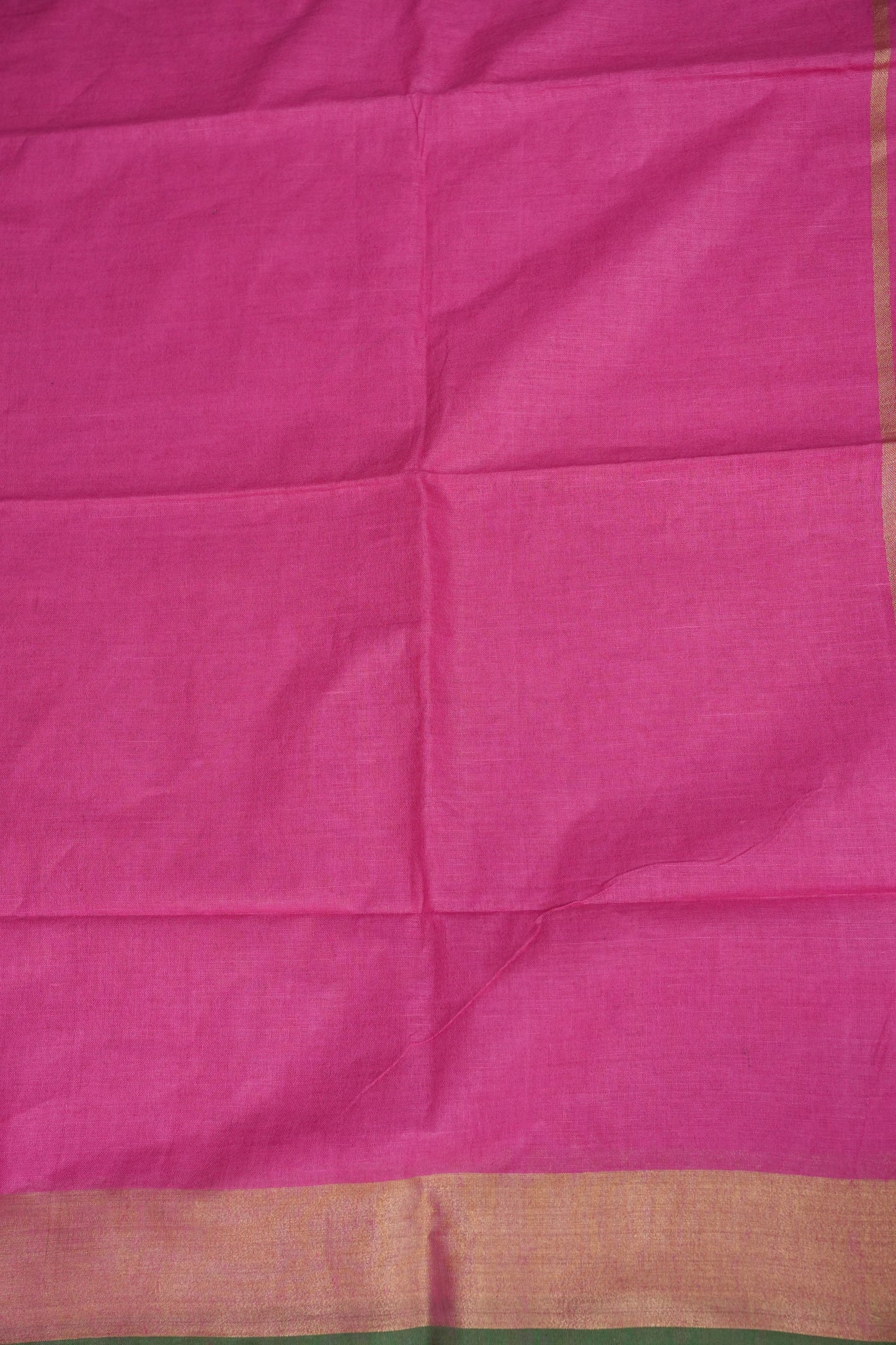 Pure Linen Saree – Vibrant Pink with Gold Zari Checks & Green Accents