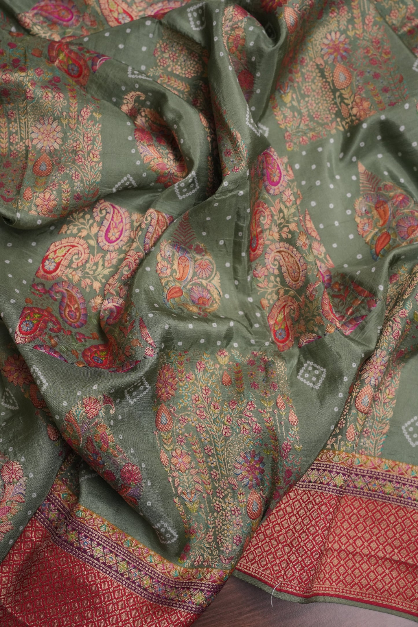 Kashmiri Pashmina Story Telling Banarasi Saree - Sage Green