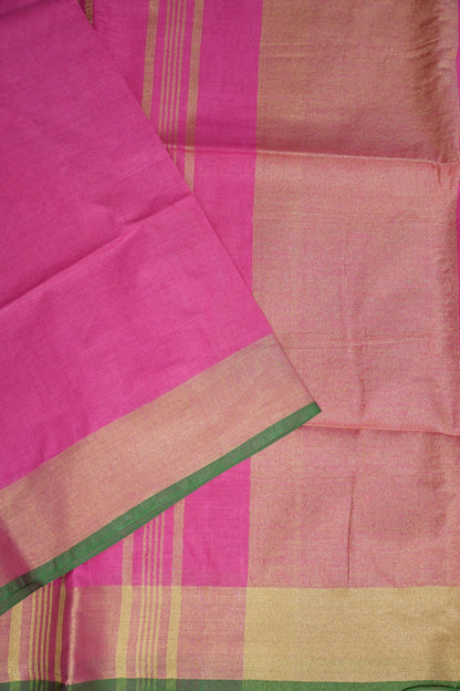Pure Linen Saree – Vibrant Pink with Gold Zari Checks & Green Accents