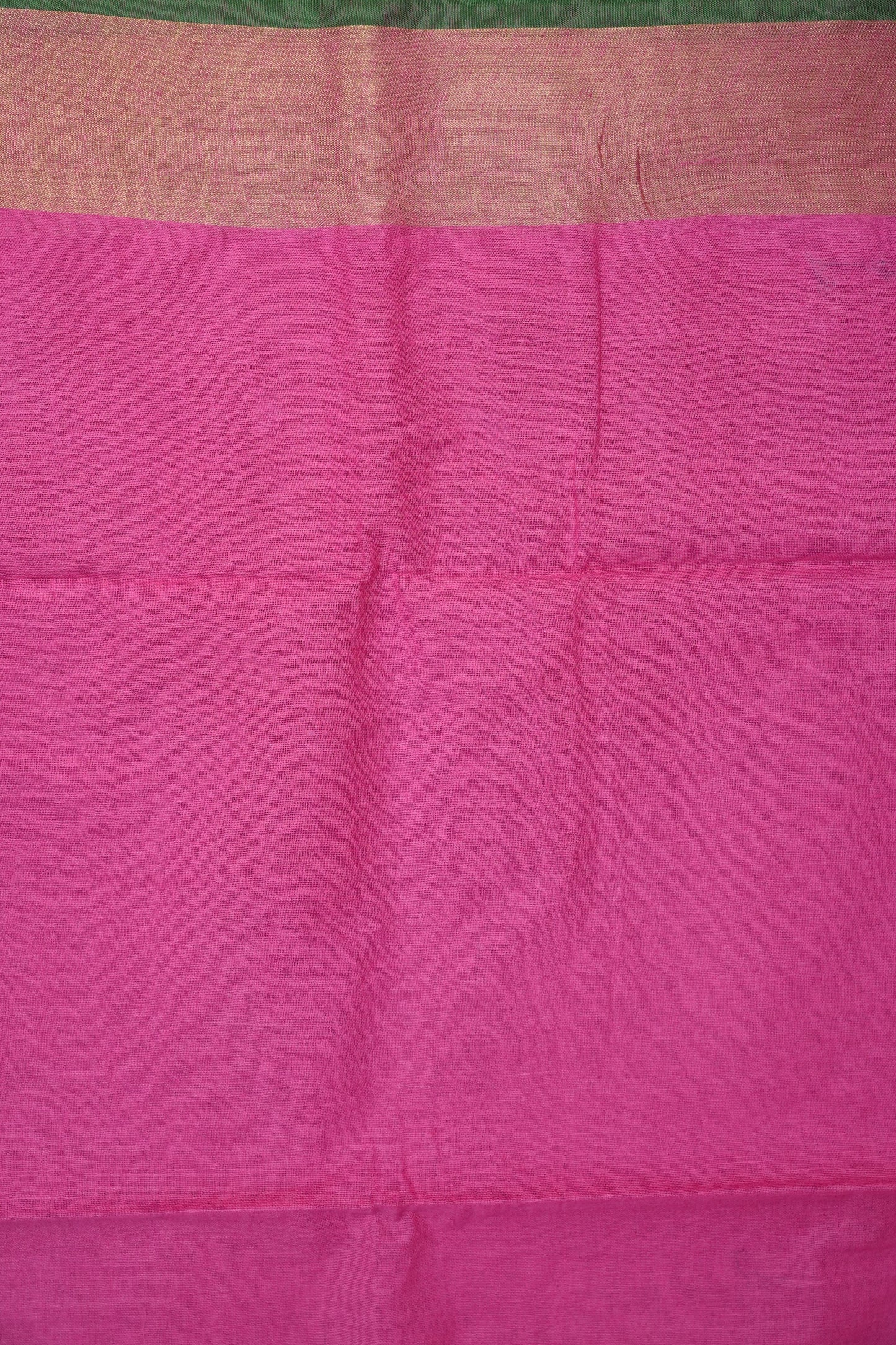 Pure Linen Saree – Vibrant Pink with Gold Zari Checks & Green Accents