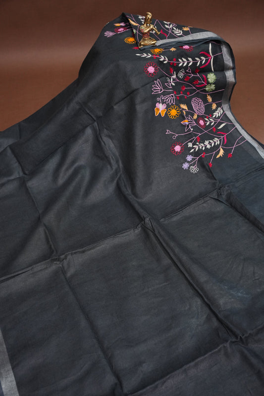 Hand Embroidery Pure Linen Saree With Tissue Border - Black