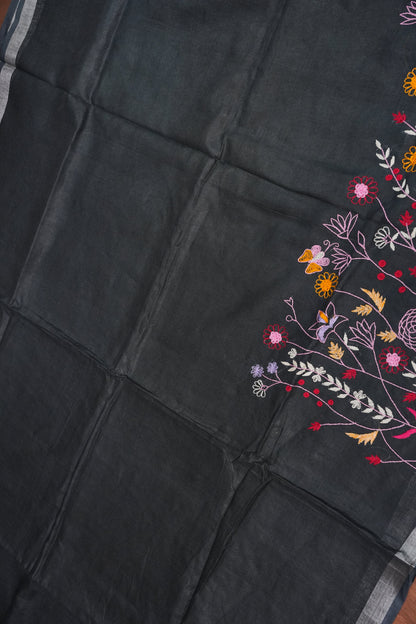 Hand Embroidery Pure Linen Saree With Tissue Border - Black
