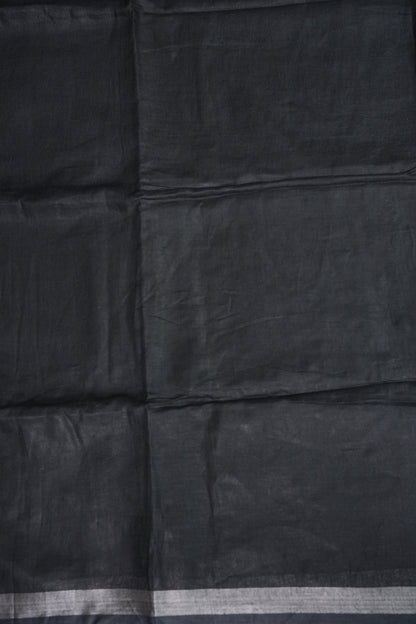 Hand Embroidery Pure Linen Saree With Tissue Border - Black