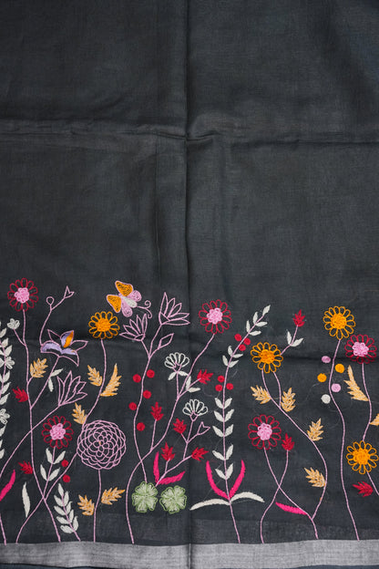 Hand Embroidery Pure Linen Saree With Tissue Border - Black