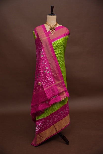 Pure Ikkat Soft Silk Saree - Parrot Green & Pink