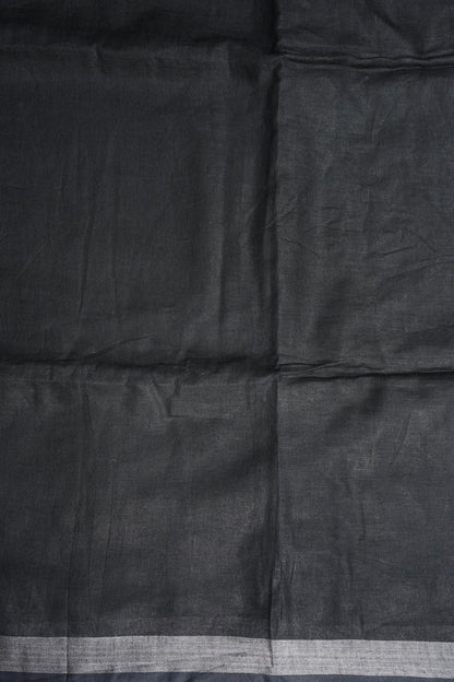 Hand Embroidery Pure Linen Saree With Tissue Border - Black