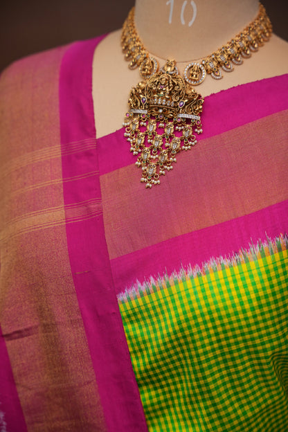 Pure Ikkat Soft Silk Saree - Parrot Green & Pink