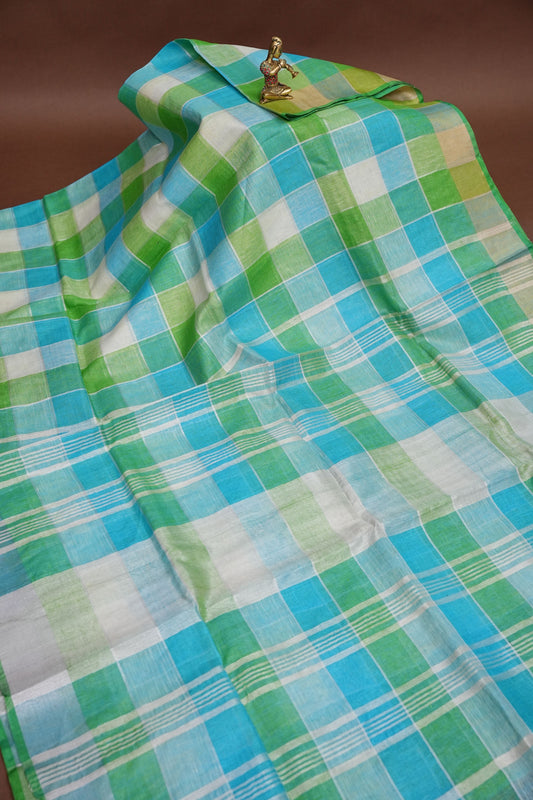 Pure Linen Cotton Saree – Aqua Blue & Fresh Green Checks with Playful Tassels