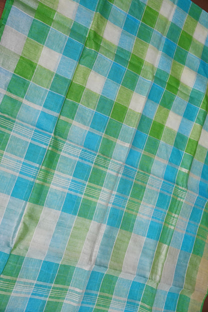 Pure Linen Cotton Saree – Aqua Blue & Fresh Green Checks with Playful Tassels