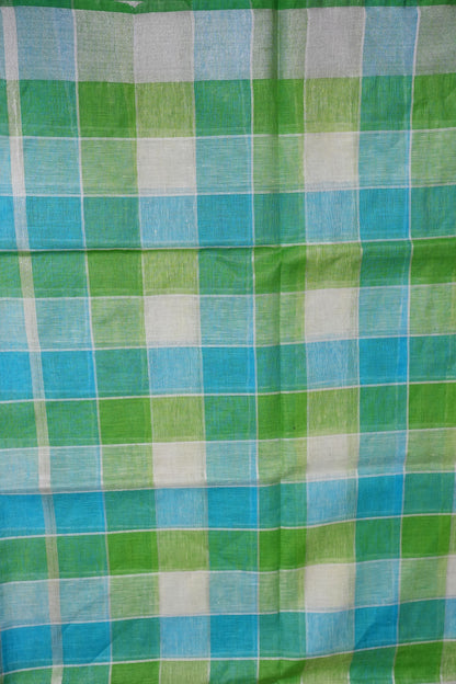Pure Linen Cotton Saree – Aqua Blue & Fresh Green Checks with Playful Tassels