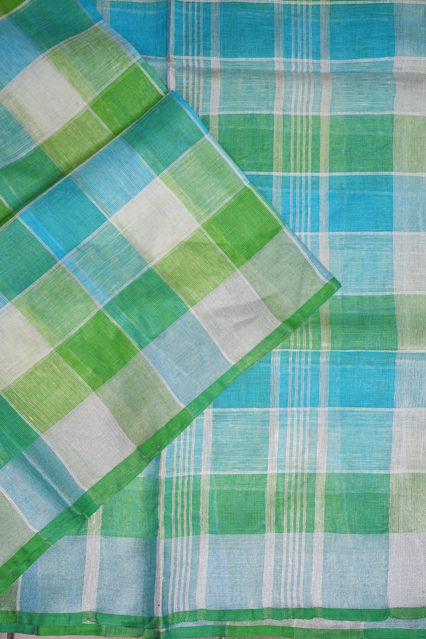 Pure Linen Cotton Saree – Aqua Blue & Fresh Green Checks with Playful Tassels