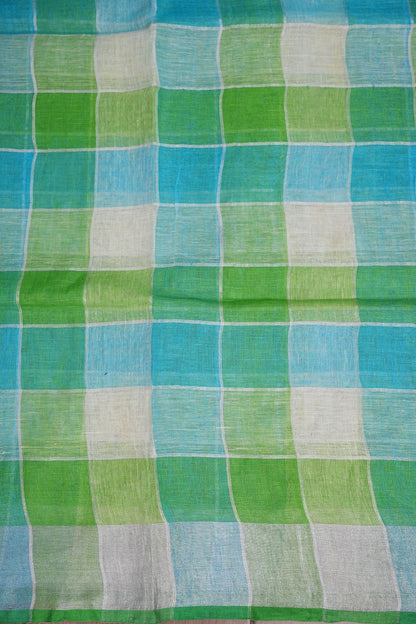 Pure Linen Cotton Saree – Aqua Blue & Fresh Green Checks with Playful Tassels