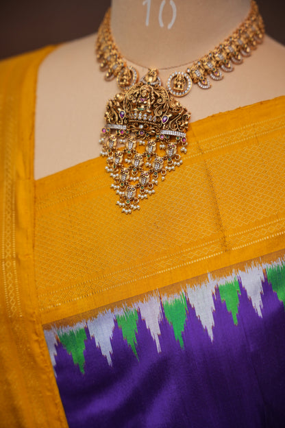 Pure Ikkat Soft Silk Saree - Deep Purple & Mustard Yellow