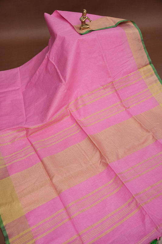 Pure Linen Saree – Candy Pink with Gold Zari Checks & Green Border