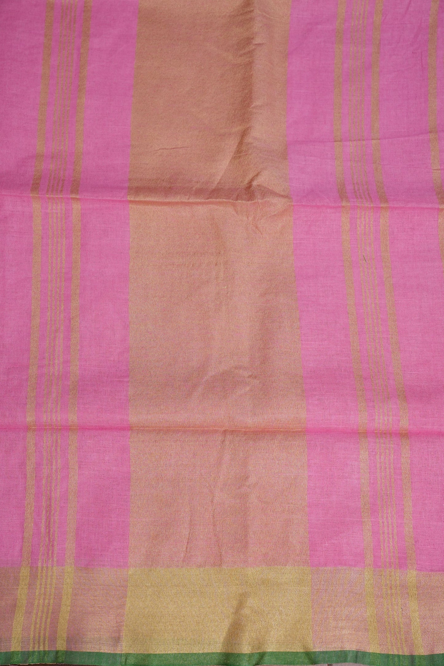 Pure Linen Saree – Candy Pink with Gold Zari Checks & Green Border
