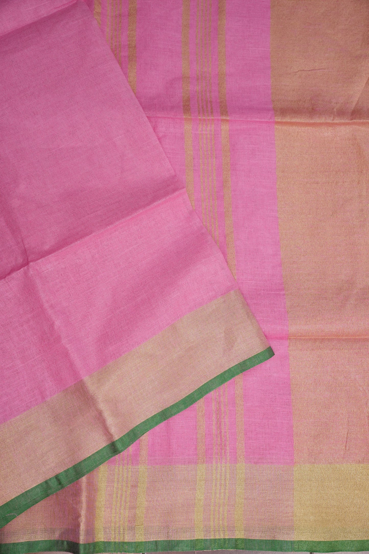 Pure Linen Saree – Candy Pink with Gold Zari Checks & Green Border