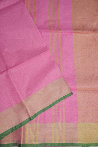 Pure Linen Saree – Candy Pink with Gold Zari Checks & Green Border