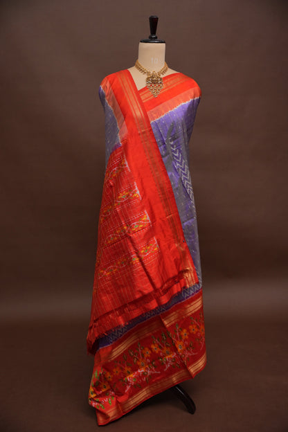 Pure Ikkat Soft Silk Saree - Lavender & Orange