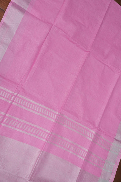 Pure Linen Saree – Soft Baby Pink with Silver Zari Stripes