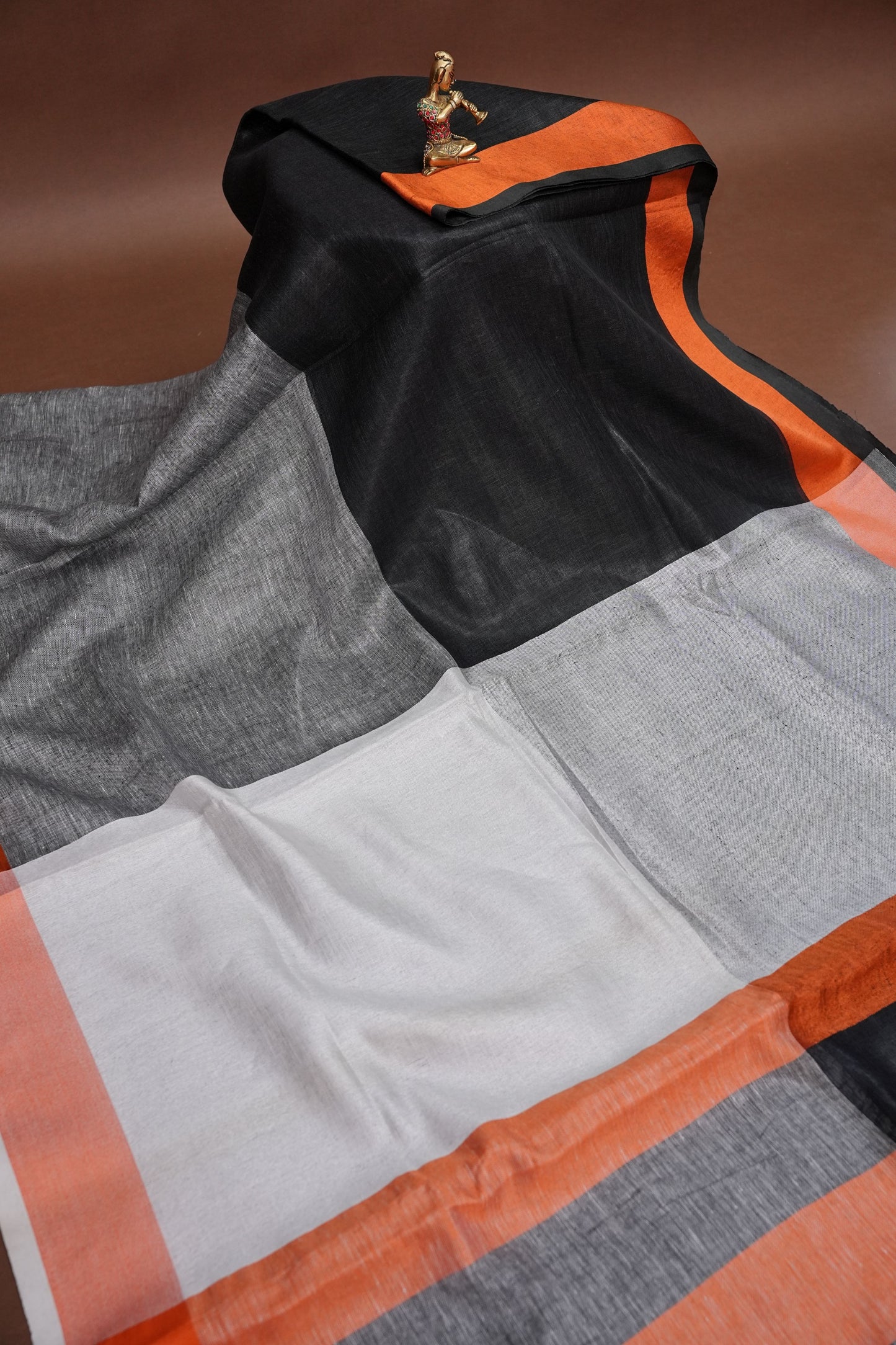 Pure Linen Silk Saree – Black & Charcoal Grey with Rust Orange Contrast Accents