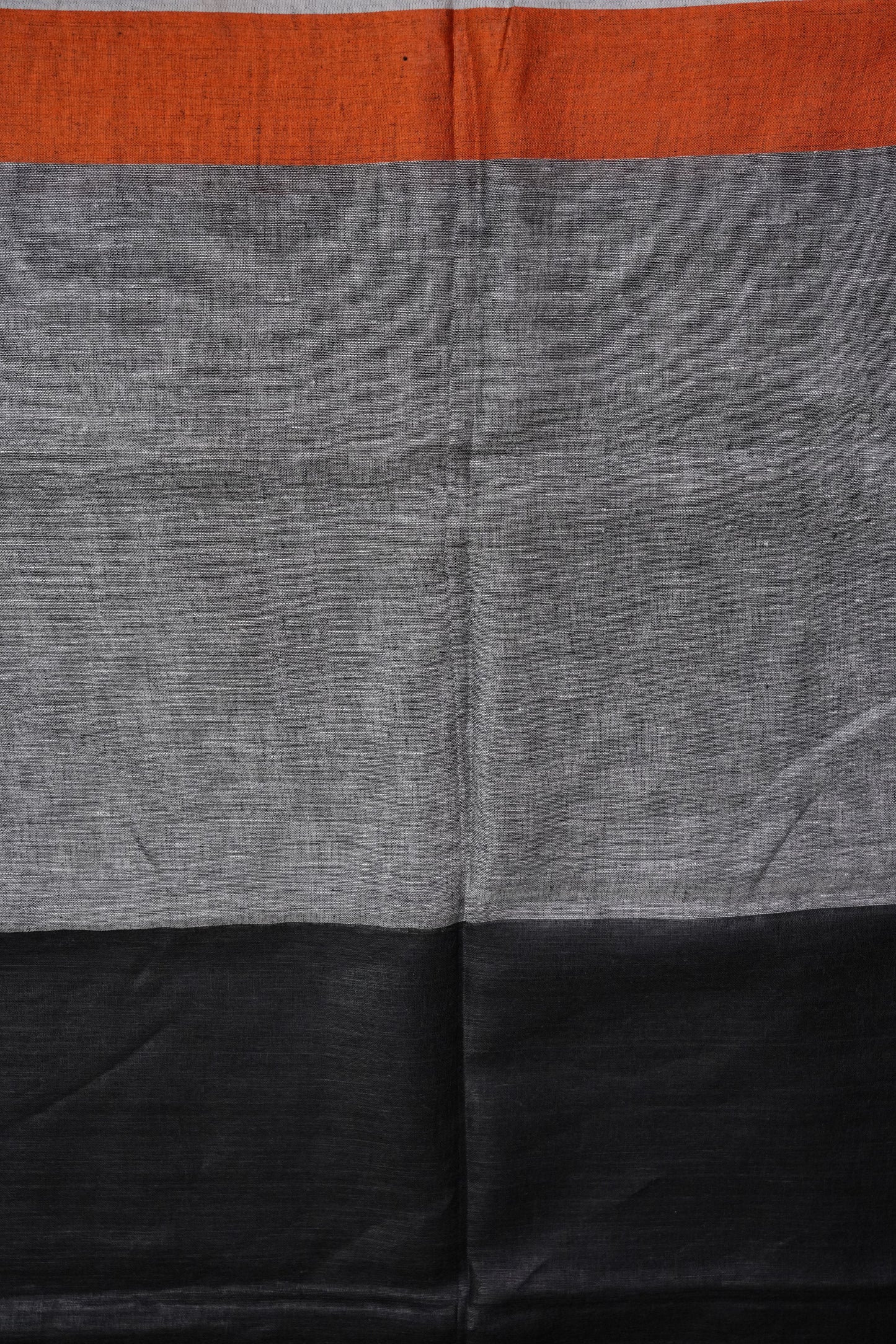 Pure Linen Silk Saree – Black & Charcoal Grey with Rust Orange Contrast Accents