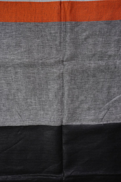 Pure Linen Silk Saree – Black & Charcoal Grey with Rust Orange Contrast Accents