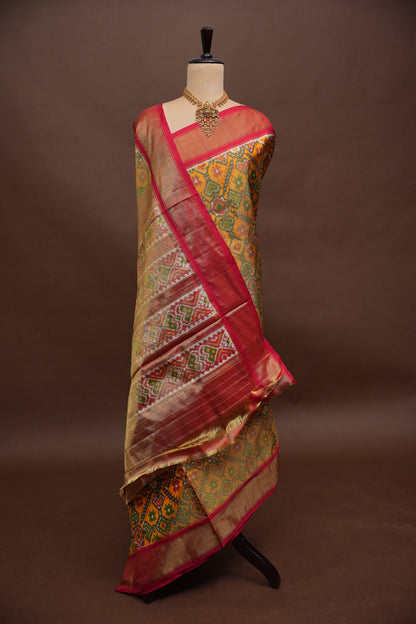 Mustard Yellow Pochampally Ikkat Silk Saree with Red Tissue Border|Silk Mark Certified