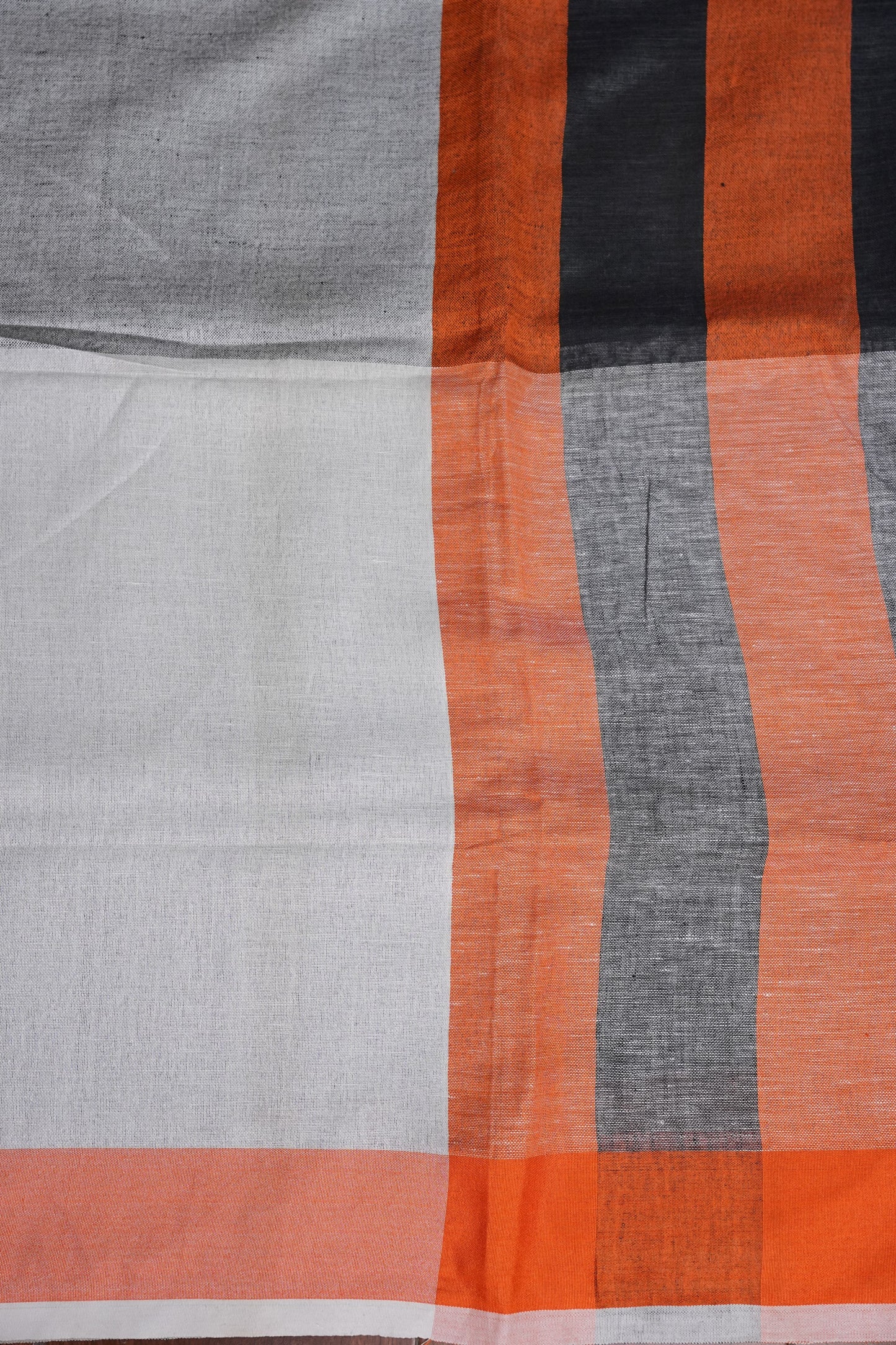 Pure Linen Silk Saree – Black & Charcoal Grey with Rust Orange Contrast Accents