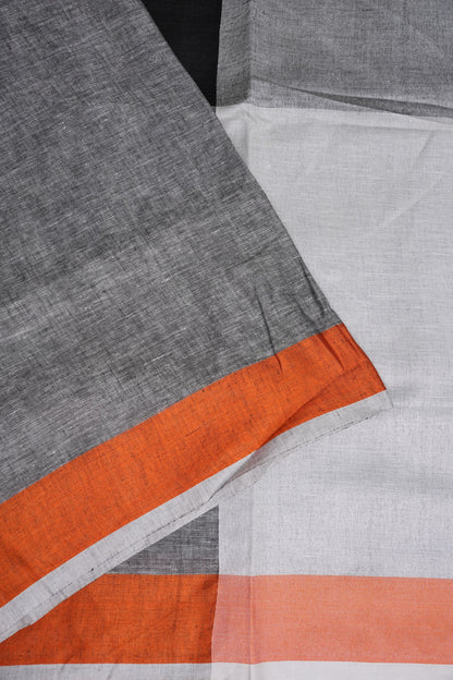 Pure Linen Silk Saree – Black & Charcoal Grey with Rust Orange Contrast Accents