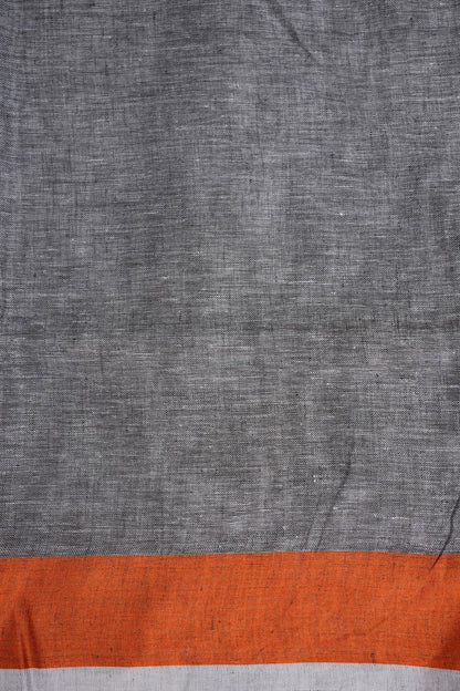 Pure Linen Silk Saree – Black & Charcoal Grey with Rust Orange Contrast Accents