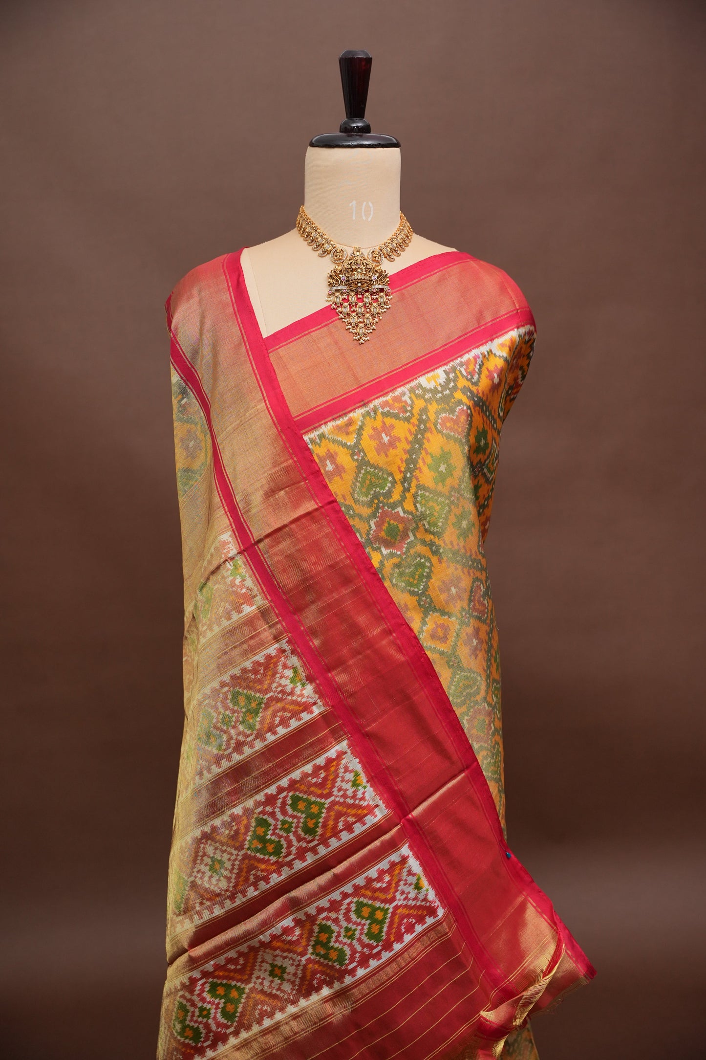 Mustard Yellow Pochampally Ikkat Silk Saree with Red Tissue Border|Silk Mark Certified