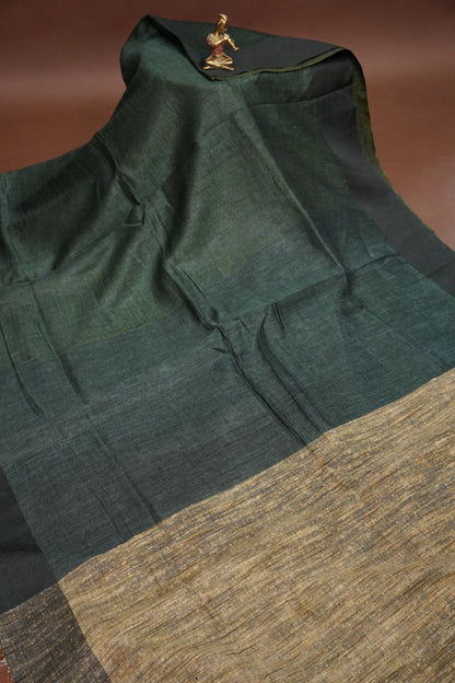 Half and Half Pure Linen Saree with Textured Jute Linen Pallu-Forest Green & Olive Green
