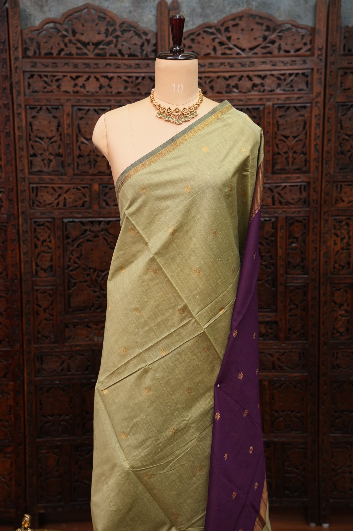 Maheshwari Silk Cotton Saree | Sage Green and Purple