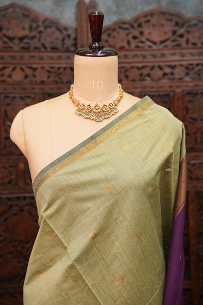 Maheshwari Silk Cotton Saree | Sage Green and Purple