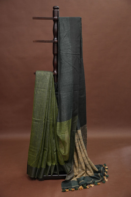 Half and Half Pure Linen Saree with Textured Jute Linen Pallu-Forest Green & Olive Green