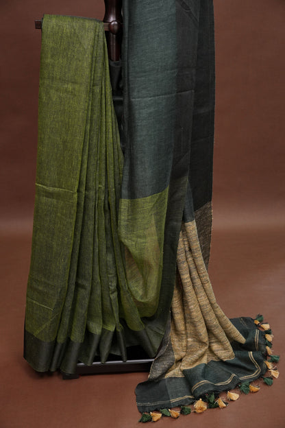 Half and Half Pure Linen Saree with Textured Jute Linen Pallu-Forest Green & Olive Green