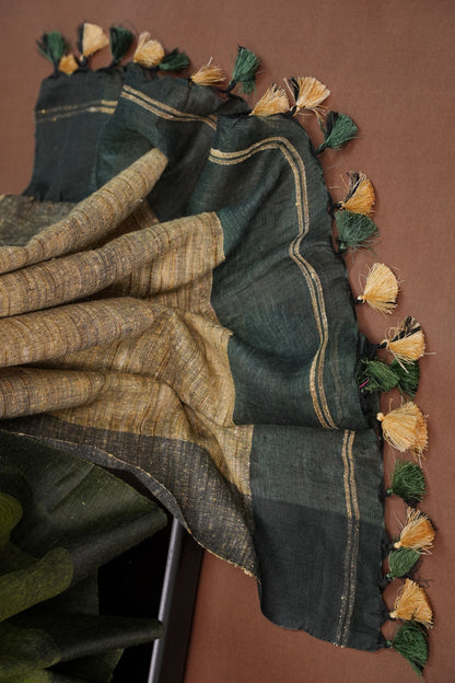 Half and Half Pure Linen Saree with Textured Jute Linen Pallu-Forest Green & Olive Green