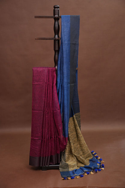 Half and Half Pure Linen Saree with Textured Jute Linen Pallu-Royal Blue & Wine