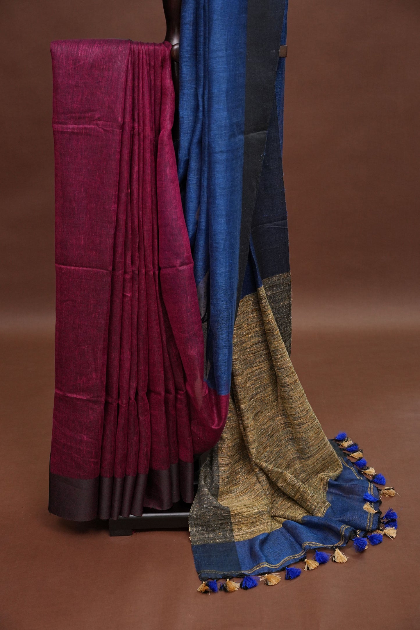 Half and Half Pure Linen Saree with Textured Jute Linen Pallu-Royal Blue & Wine