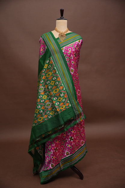 Pure Ikkat Soft Silk Saree - Pink & Emerald Green