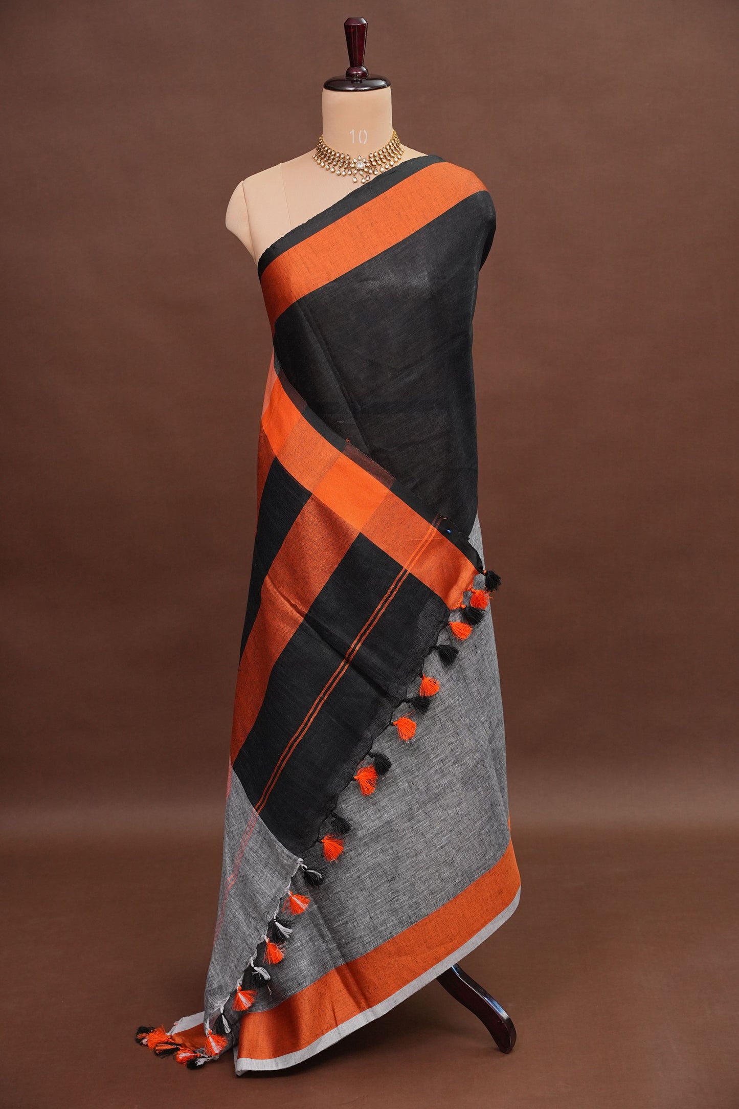 Pure Linen Silk Saree – Black & Charcoal Grey with Rust Orange Contrast Accents