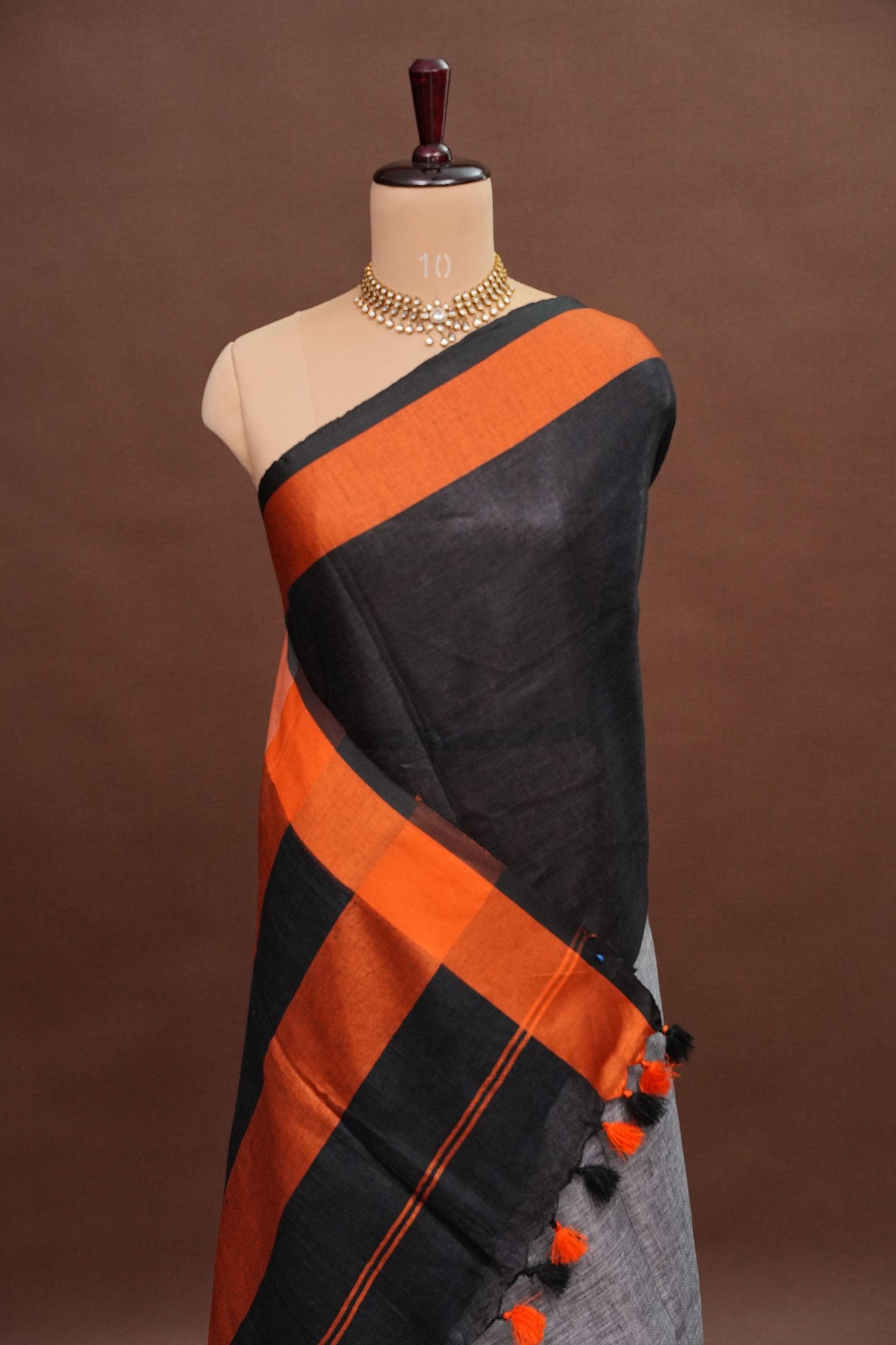 Pure Linen Silk Saree – Black & Charcoal Grey with Rust Orange Contrast Accents