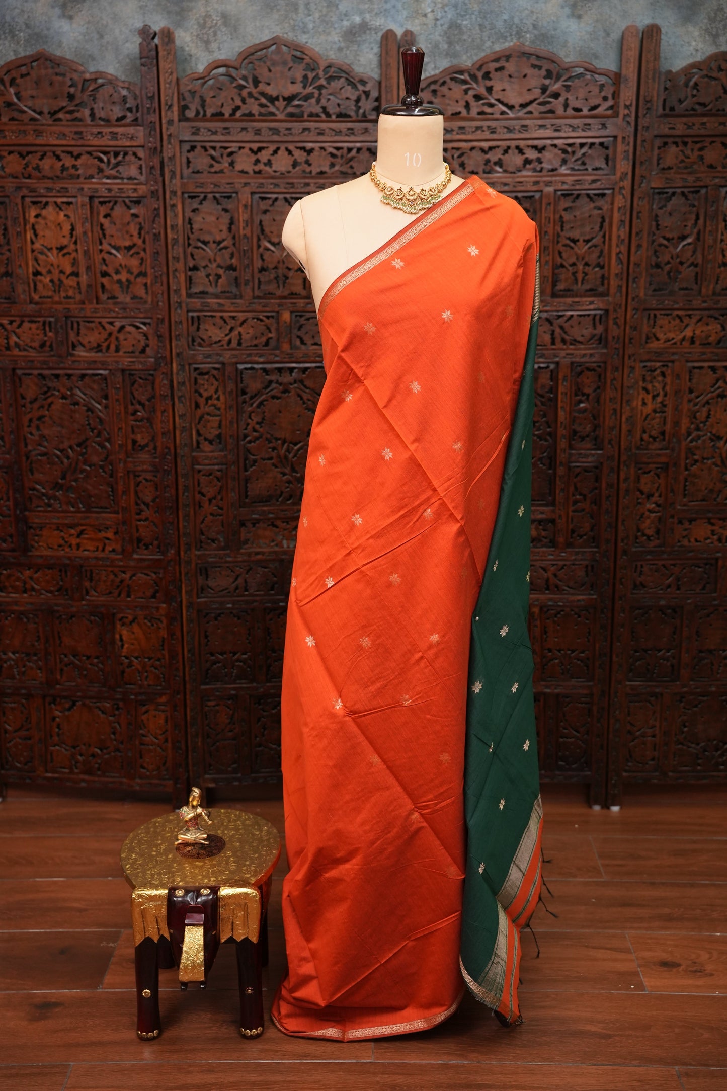Maheshwari Silk Cotton Saree|Orange & Green