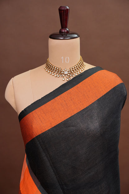Pure Linen Silk Saree – Black & Charcoal Grey with Rust Orange Contrast Accents
