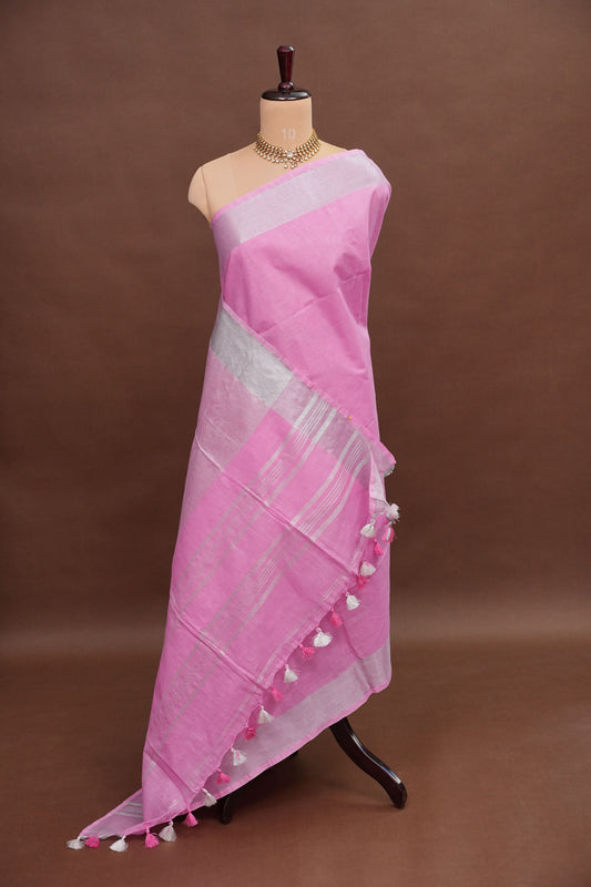 Pure Linen Saree – Soft Baby Pink with Silver Zari Stripes