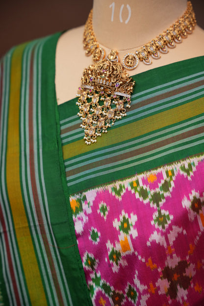 Pure Ikkat Soft Silk Saree - Pink & Emerald Green