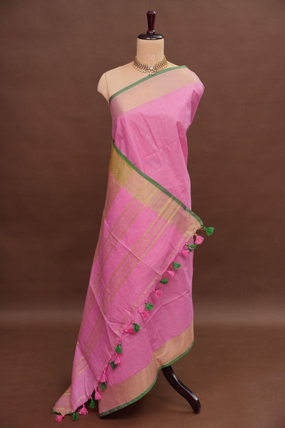 Pure Linen Saree – Candy Pink with Gold Zari Checks & Green Border