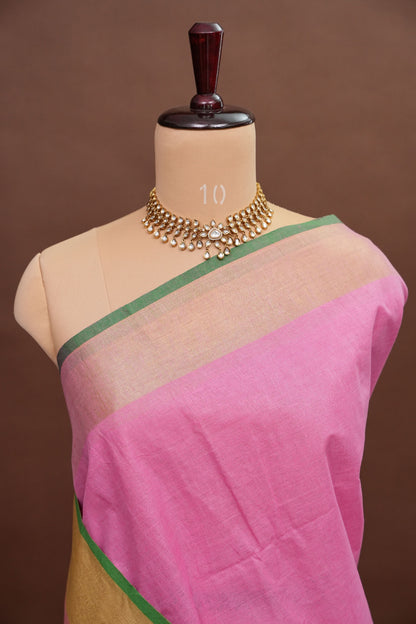 Pure Linen Saree – Candy Pink with Gold Zari Checks & Green Border