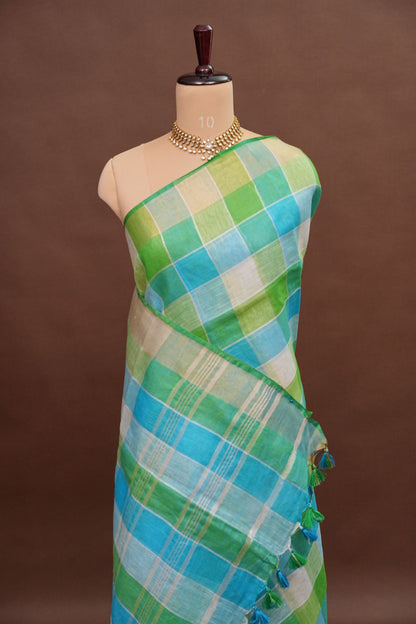 Pure Linen Cotton Saree – Aqua Blue & Fresh Green Checks with Playful Tassels